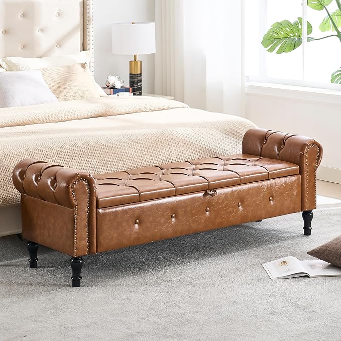 Storage Bench for Bedroom, Faux Leather 67" End of Bed Bench, King Size Bench by HOMYKA