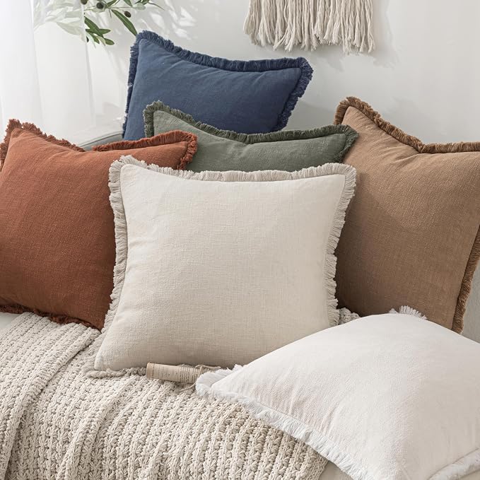 MIULEE Linen Fringe Decorative Throw Pillow Covers Light Olive Green 18x18 | - Image 6