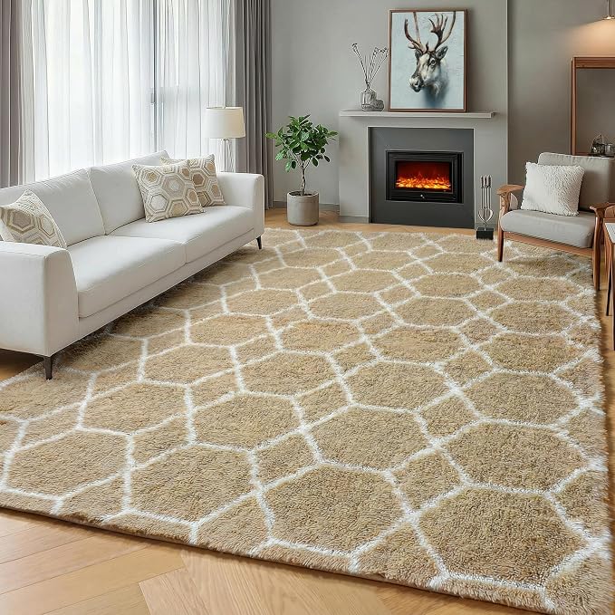 Area Rugs for Bedroom Living Room, 4x6 Fluffy Beige and White Geometric Rug | - Image 5