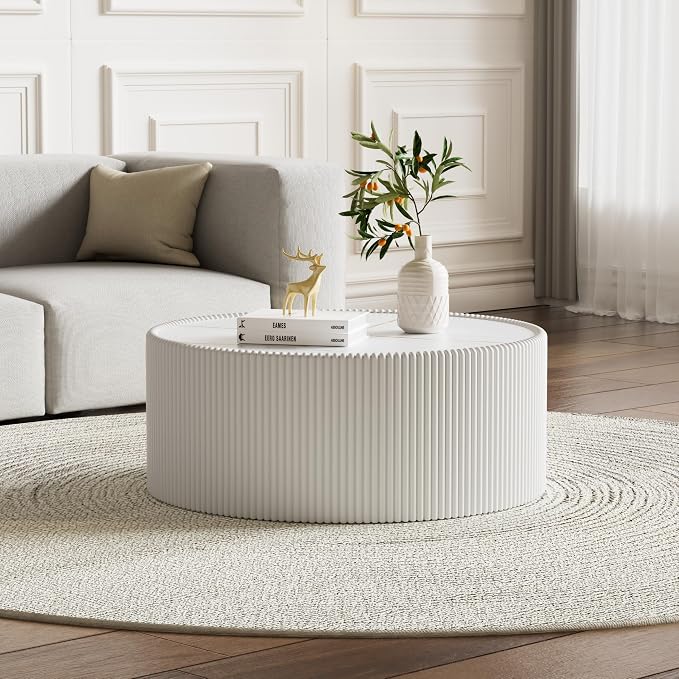 White Marble Round Coffee Table, 29.52" Fluted Coffee Table by Henf