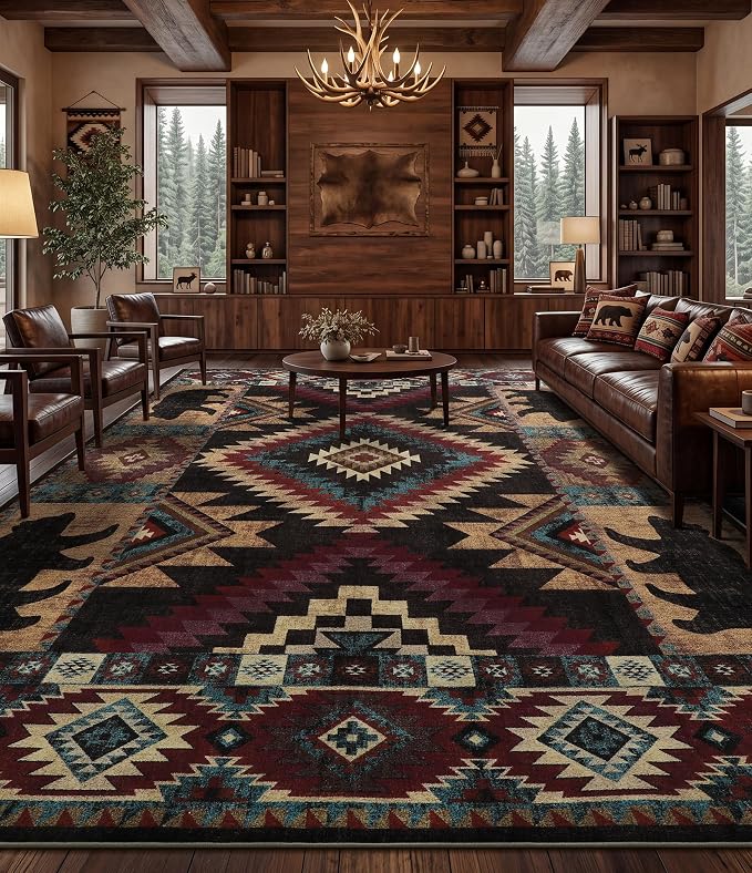Rustic Cabin Area Rug 10x14, Lodge Wildlife Bear Washable Large Area Rug - Image 3