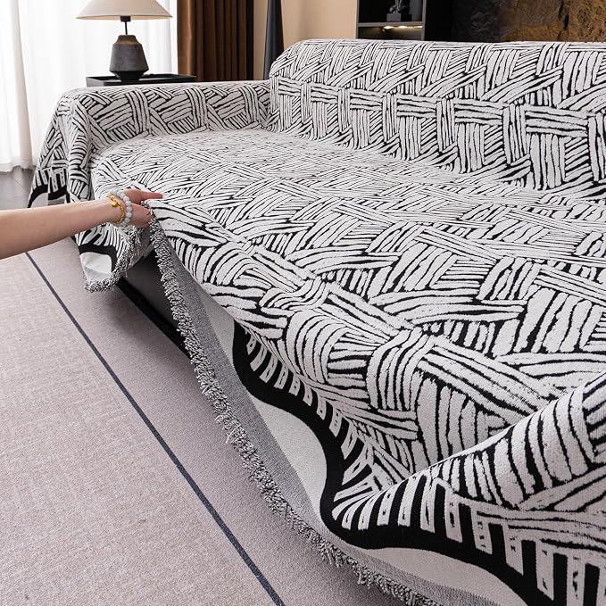 VClife Boho Couch Cover, Abstract White and Black Line Geometric Jacquard Couch - Image 5