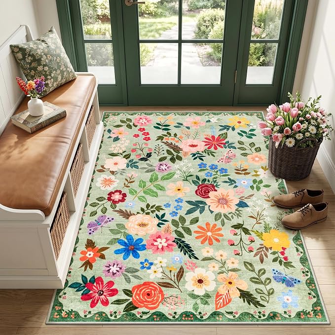 PLHXFR Area Rug Living Room: 3x5 Floral Washable Boho Soft Carpet Green | by PLHXFRSoftAreaRugs