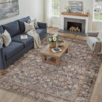 9x12 Brown Blue Vintage Floral Washable Area Rug - Image 3