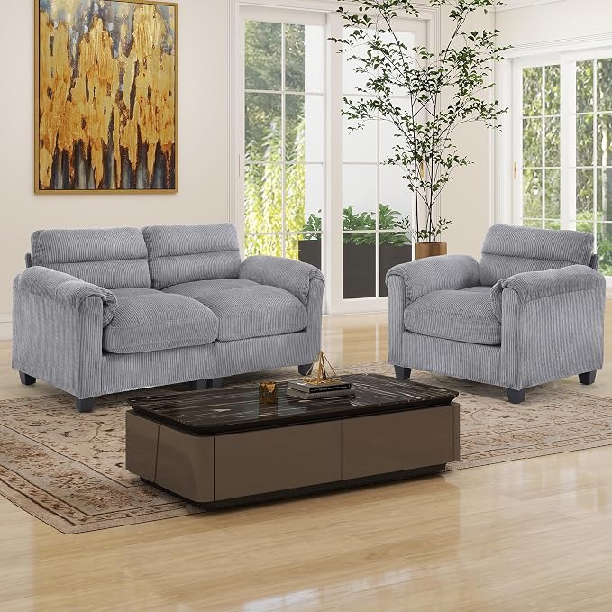 HAOMARKETS Corduroy Sofa Set, Upholstered Armchair and Loveseat by HAOMARKETS