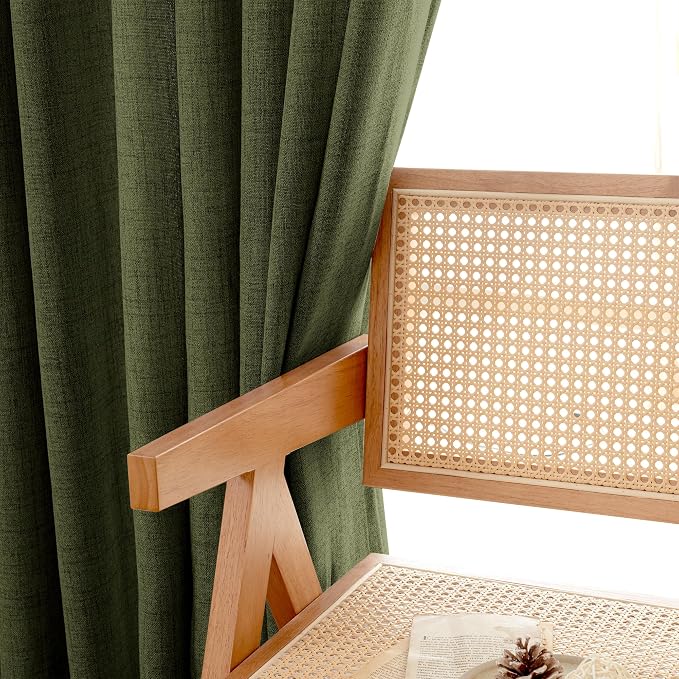Olive Linen Semi Sheer Curtains 48 Inch Length 2 Panels Light Filtering | Dark - Image 7