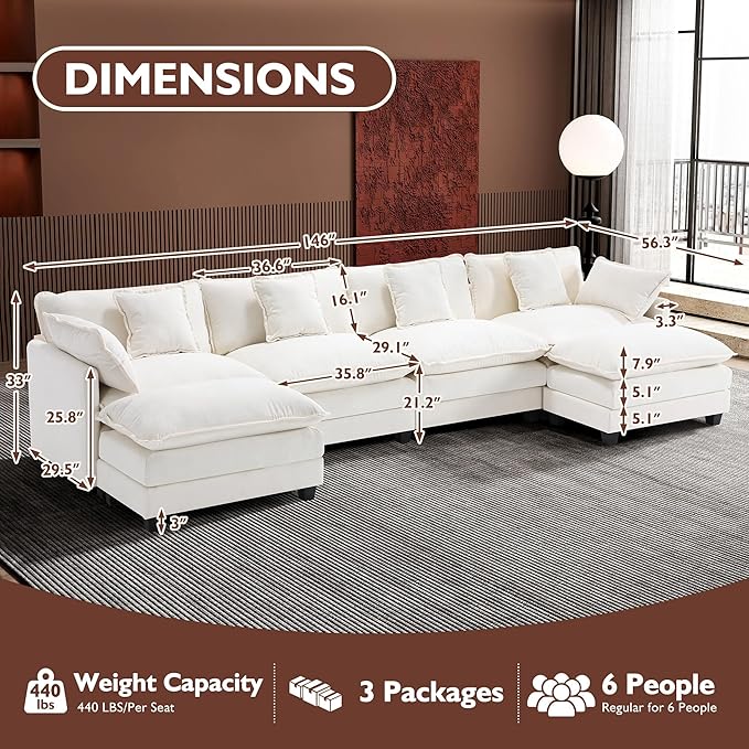 Ihanherry 146" U-Shaped Modern Sofa Modular Sectional Cloud Couch - Image 5