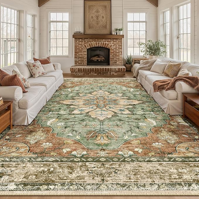 RELEANY Washable Area Rug, Large 10'x14', Brick/Brown/Green | Non-Slip - Image 2