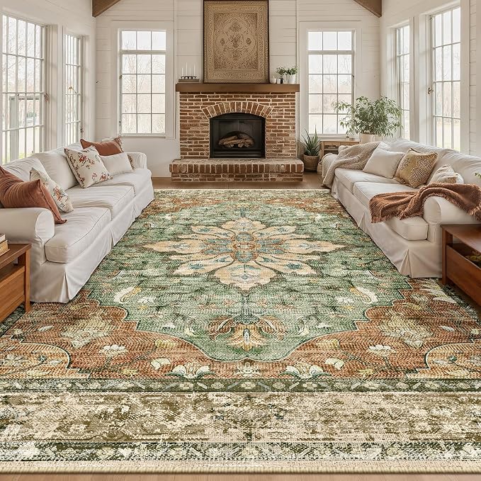 RELEANY Washable Area Rug, Large 9'x12', Brick/Brown/Green | Non-Slip, Water - Image 2