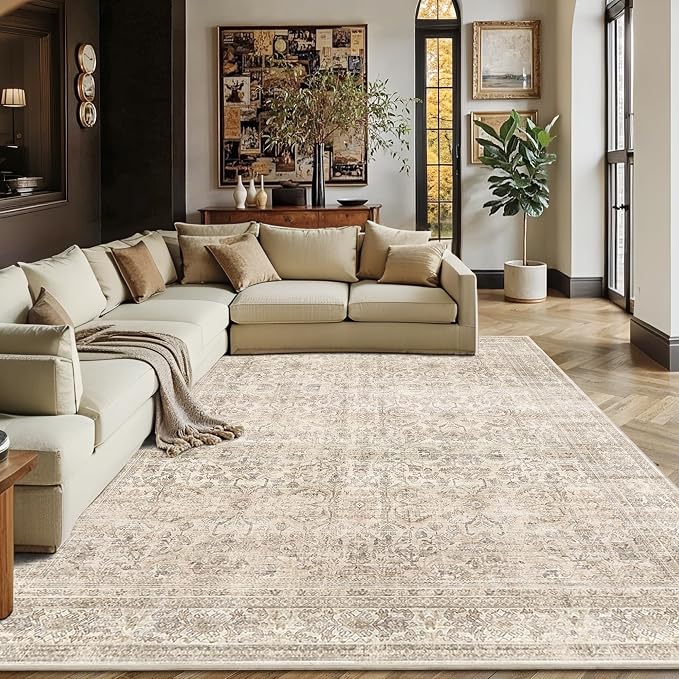 Schweek 9x12 Washable Area Rug Non Slip Neutral Beige Rug - Image 3