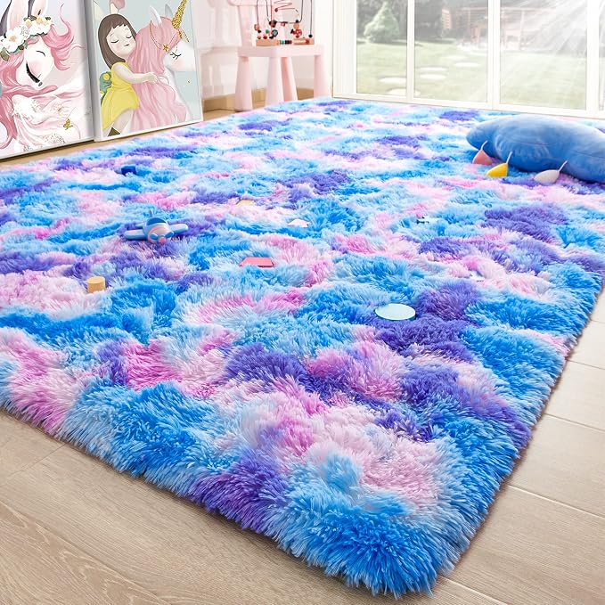 5x7 Tie-Dyed Blue Purple Pink Fluffy Area Rug Non-Slip - Image 9