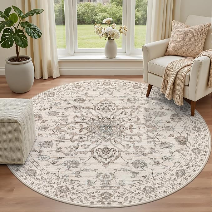 Round Area Rug for Living Room: 4ft Boho Washable Rug Brown Beige | Vintage - Image 2