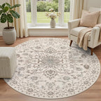 Round Area Rug for Living Room: 4ft Boho Washable Rug Brown Beige | Vintage - Image 2