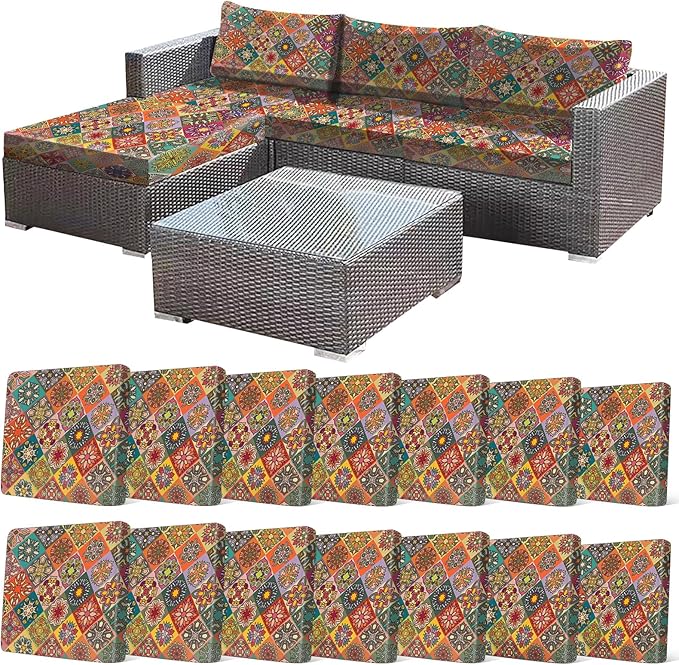 CALBODE 14Pcs Stretch Patio Cushion Cover, Bohemian Geometric Pattern | by CALBODE