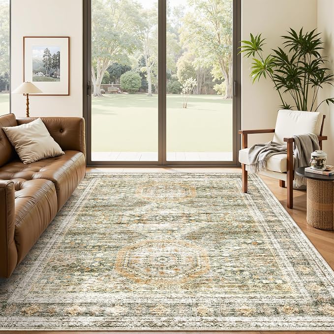 Soalmost 5x7 Area Rug Green/Orange Low Pile Washable Trendy Faded Style Rug | by Soalmost