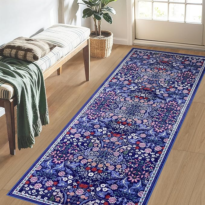 PLHXFR 2x5 Washable Runner Rug：Floral Indoor Kitchen Soft Carpet Blue | - Image 3