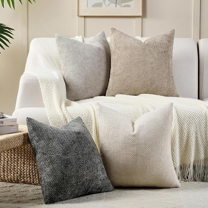 Volcanics Boho Throw Pillow Covers 18x18 Set of 4, Neutral Chenille Decorative - Image 4