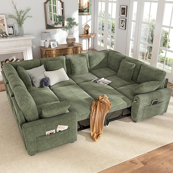 Hanherry Sectional Sofa with Pull Out Couch Bed, Corduroy Sleeper Sofa with 2 by Hanherry