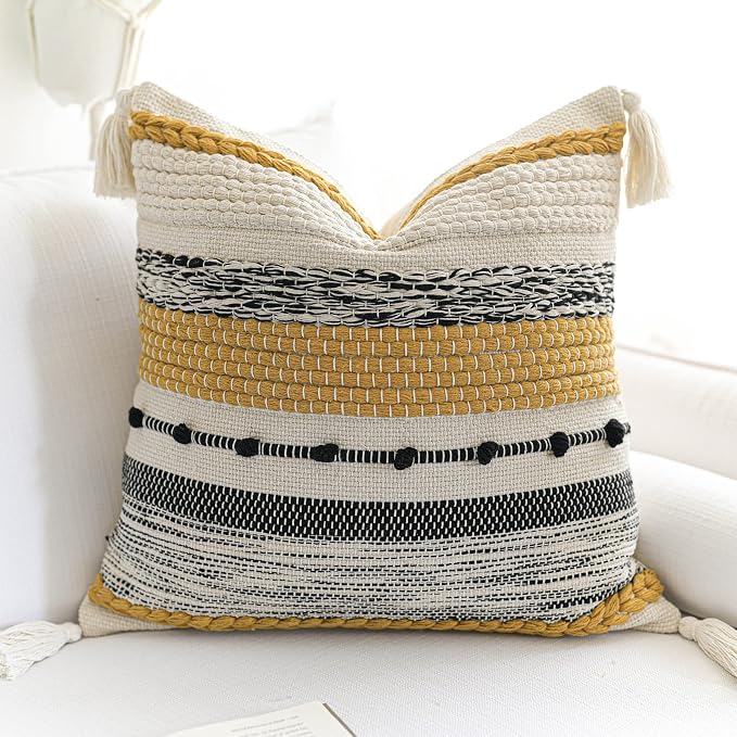 Yellow Mustard Decorative Throw Pillow Cover 20x20 Square Boho Accent by BlissBlush