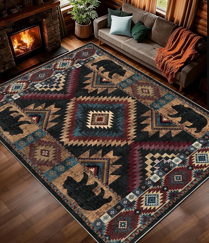 Rustic Cabin Area Rug 9x12, Lodge Wildlife Bear Washable Large Area Rug by YIHOUSE