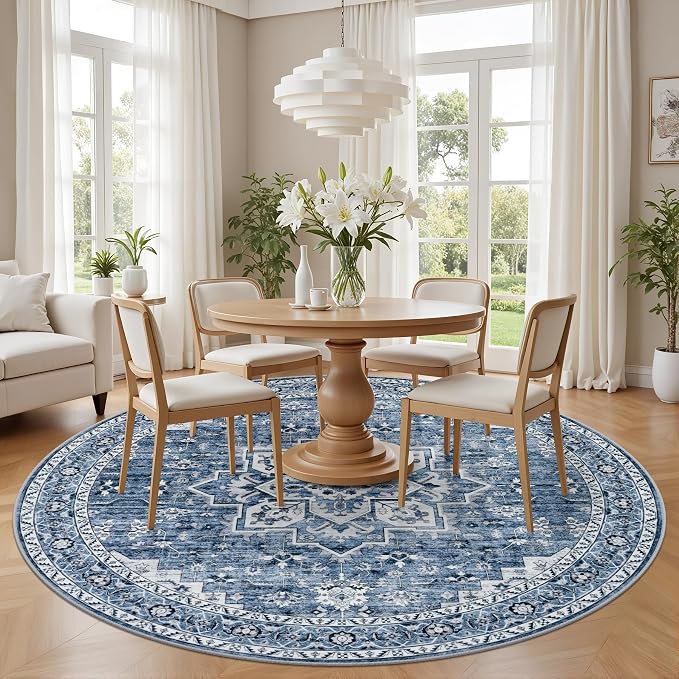Round Area Rug for Living Room: 6ft Washable Rug for Bedroom Blue | Vintage - Image 3