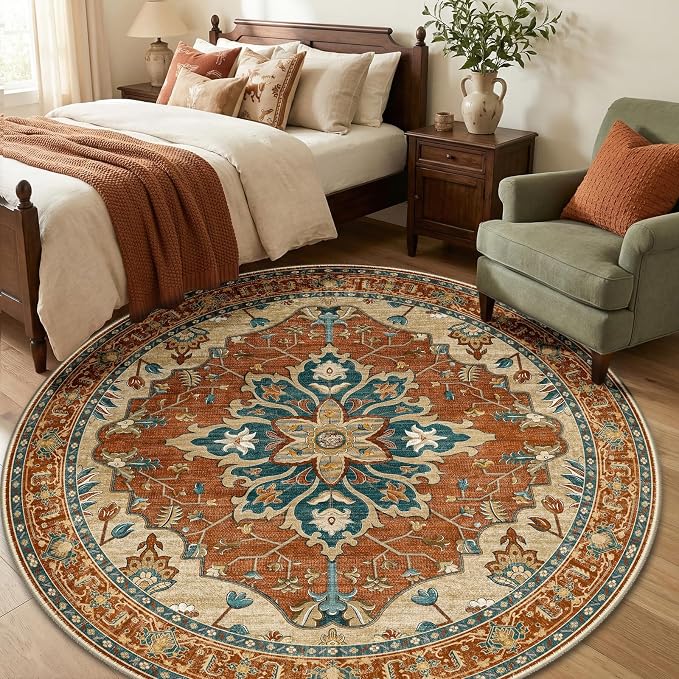 RELEANY Washable Area Rug, Round 6ft, Water Repellent, Pet Friendly, Vintage by RELEANY