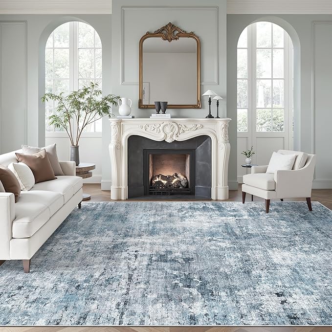Soalmost Abstract Rug 8x10 Large Living Room Area Rugs Washable Blue/Grey | by Soalmost