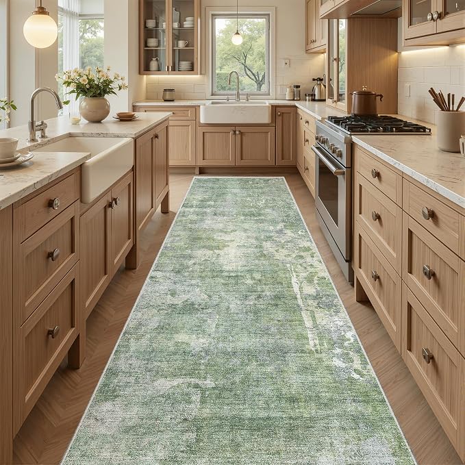 Soalmost Runner Rug 2'6"x8' Kitchen Hallway Runners Abstract Green/Ivory | - Image 2