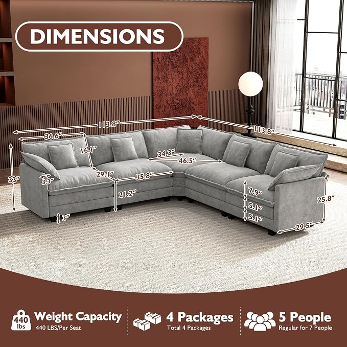 Ihanherry 114" V-Shaped Modern Sofa Modular Sectional Cloud Couch - Image 2