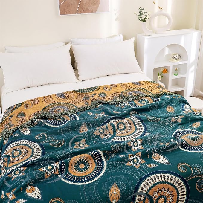 Boho Throw Blanket for Bed 100% Cotton Ultra Soft Rustic Quilt Spring Blanket- - Image 6