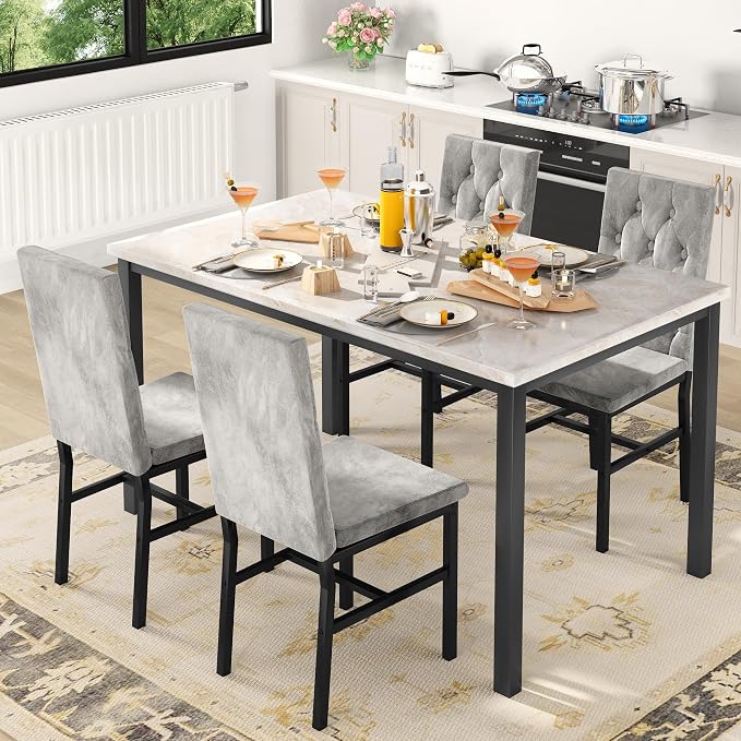 Hooseng Dining Table Set for 4, Faux Marble Small Kitchen Table Chairs Set of 4 - Image 2