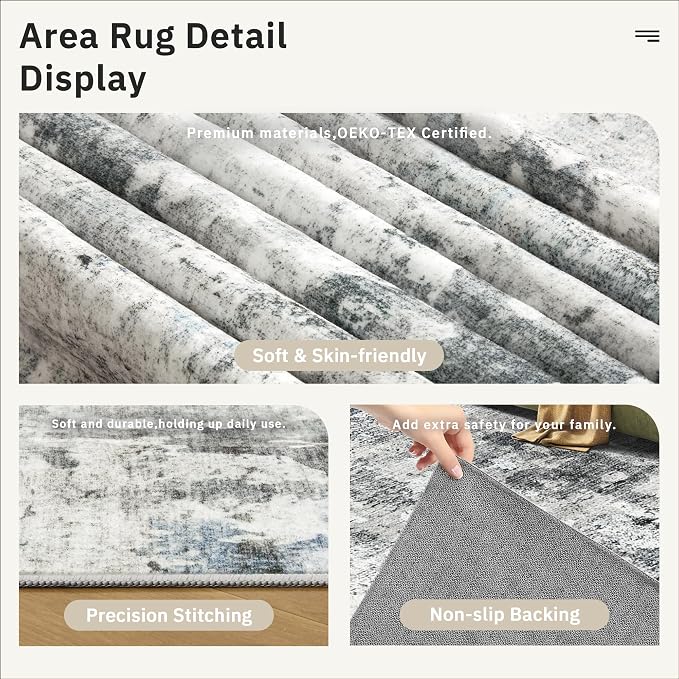 Soalmost Abstract Rug 8x10 Large Living Room Area Rugs Washable Gray/Blue | - Image 6