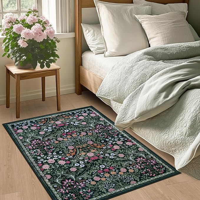 PLHXFR 2x3 Small Entryway Rug: Floral Washable Indoor Carpet Dark Green | - Image 3