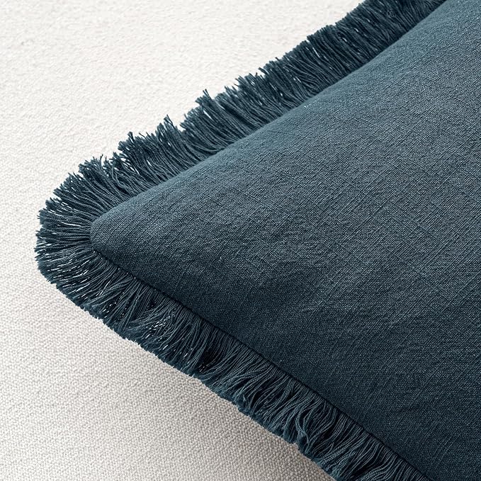 MIULEE Linen Fringe Decorative Euro Throw Pillow Covers Navy Blue 22x22 | Set - Image 3