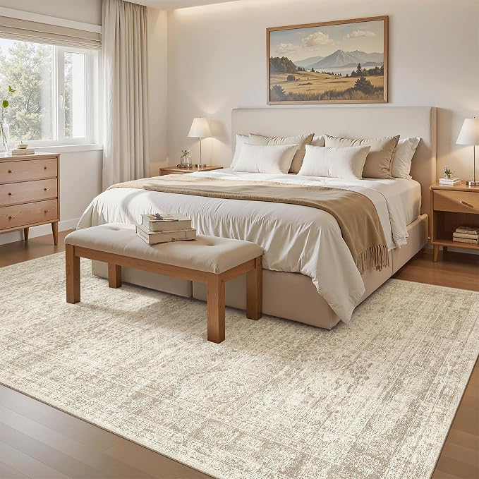 Soalmost 5x8 Area Rugs Beige Low Pile Washable Trendy Faded Style Rug | Vintage - Image 2