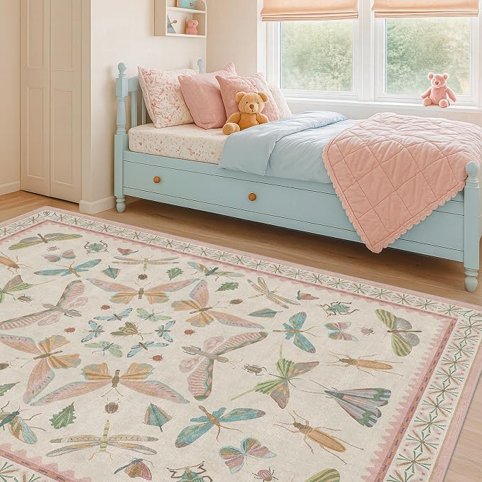 Butterfly Area Rugs 5x7 for Baby Nursery, Cute Light Pink Rugs for Bedroom Girls - Image 7
