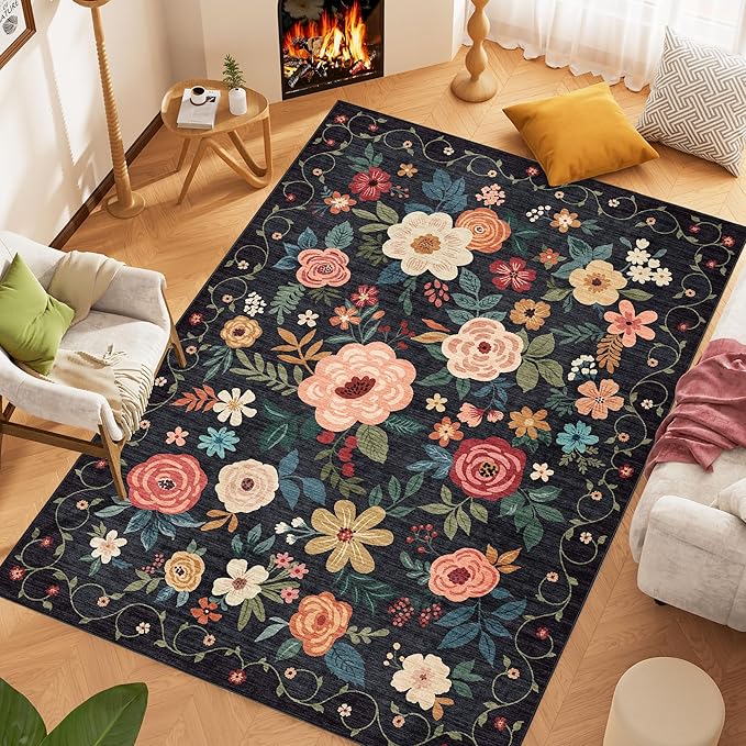 DUKINO 9x12 Area Rug for Living Room, Floral Washable Rug Non Slip, Low Pile - Image 7