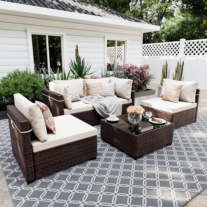 UPHA 5 Pieces Patio Furniture Sets, Wicker Outdoor Sectional Sofa Couch by UPHA