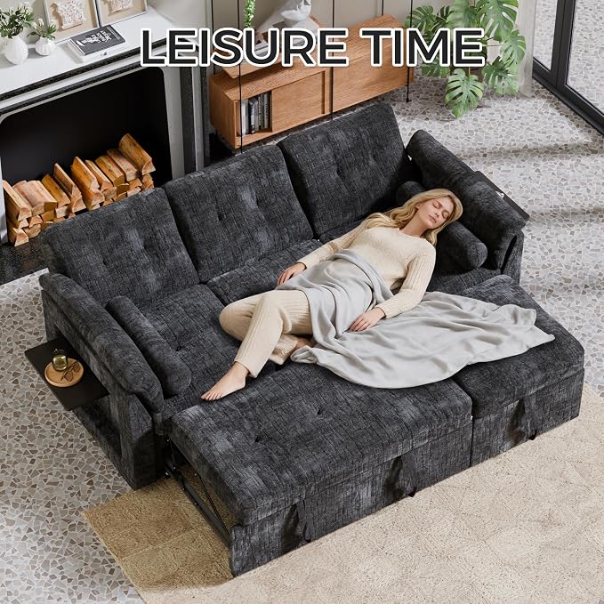 Convertible Sleeper Sofa Bed, 63 Inch Chenille Pull Out Couch - Image 7
