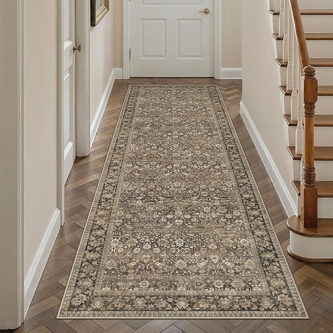 3x8 Brown Vintage Floral Washable Runner Rug by HUGEAR