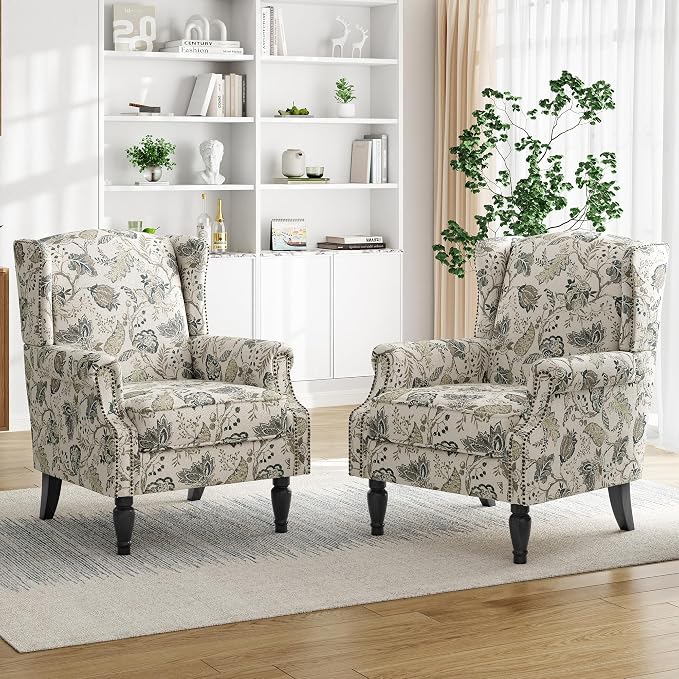 Floral Print Wingback Accent Chair, Retro Modern Farmhouse Armchair - Image 6