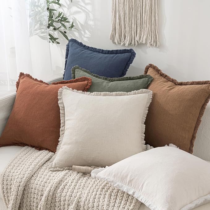 MIULEE Linen Fringe Decorative Fall Euro Throw Pillow Covers Brown 26x26 | Set - Image 7