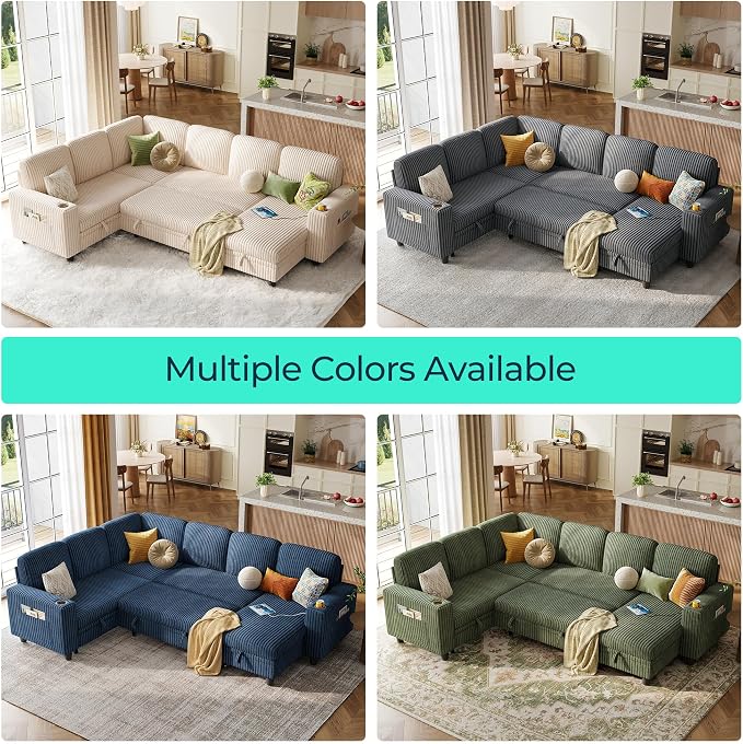 LINSY HOME Sectional Sofa with Pull Out Bed, 6 Seats Corduroy Reversible - Image 8