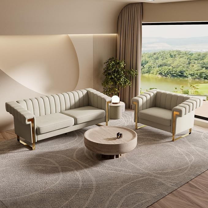 Mid-Century Modern Beige Velvet Single Sofa - Image 8