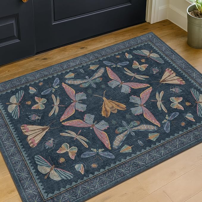 Dark Blue 2x4 Non Slip Bathroom Rug, Washable Vintage Boho Insect Carpet - Image 3