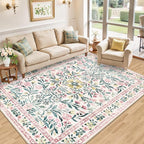 PLHXFR Area Rug 9x12 Living Room: Floral Washable Boho Carpet Pink Green | - Image 2