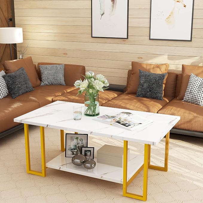 AWQM Marble Coffee Table, Faux Marble Top Rectangular Coffee Table - Image 3