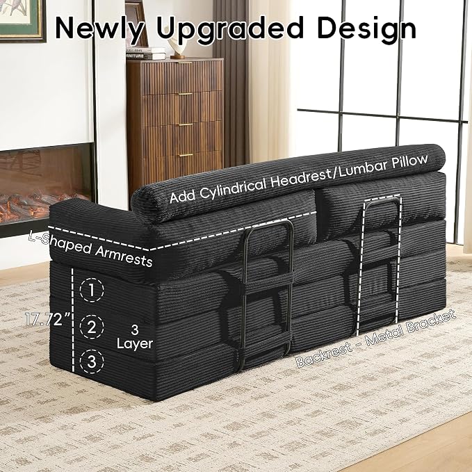 78" Boneless Couch, 5-in-1 Convertible Sofa Bed Tri Folding Mattress - Image 8