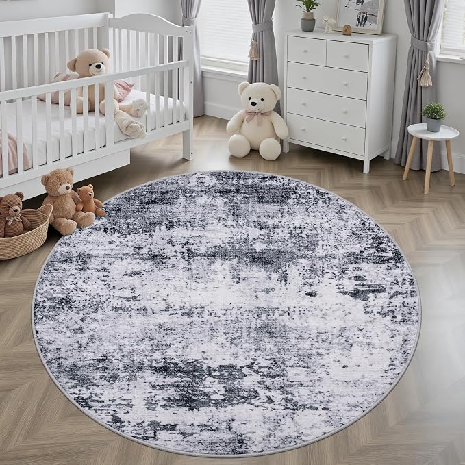 Round Area Rug Living Room: 6 ft Modern Washable Carpet Grey | - Image 4