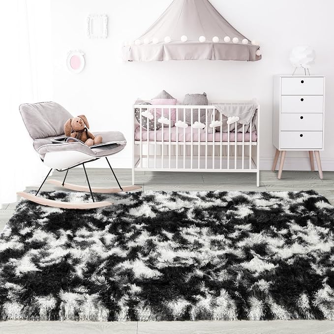 5x7 Tie-Dyed Black and White Fluffy Area Rug Non-Slip - Image 7